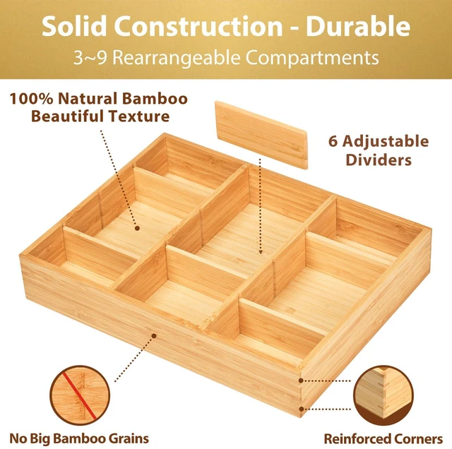 Alt view image 2 of 6 - Bamboo Desk Drawer Organizer, Wood Junk Organizer Tray with Adjustable Dividers, Anti-Skip Storage Organization in Office Bathroom Drawer for Vanity, Makeup, 12" x 9"