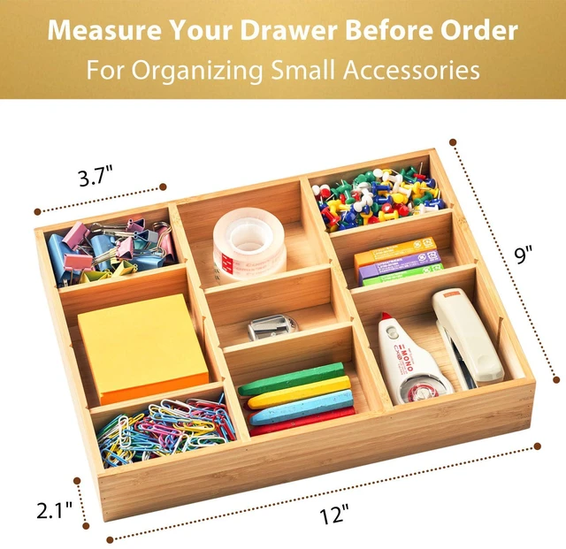 Alt view image 3 of 6 - Bamboo Desk Drawer Organizer, Wood Junk Organizer Tray with Adjustable Dividers, Anti-Skip Storage Organization in Office Bathroom Drawer for Vanity, Makeup, 12" x 9"