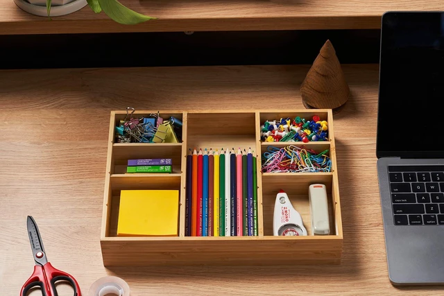 Alt view image 5 of 6 - Bamboo Desk Drawer Organizer, Wood Junk Organizer Tray with Adjustable Dividers, Anti-Skip Storage Organization in Office Bathroom Drawer for Vanity, Makeup, 12" x 9"
