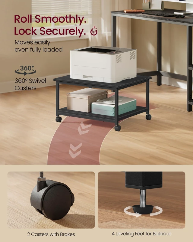 Alt view image 6 of 7 - 2-Tier Printer Stand with Locking Wheels, Under Desk Printer Table Industrial Mobile Cart, 23.6 x 19.7 x 13.5 Inches, Storage Shelf, for Home Office, Ebony Black, UOPS008BE01S