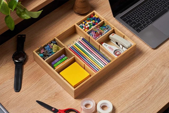 Alt view image 6 of 6 - Bamboo Desk Drawer Organizer, Wood Junk Organizer Tray with Adjustable Dividers, Anti-Skip Storage Organization in Office Bathroom Drawer for Vanity, Makeup, 12" x 9"