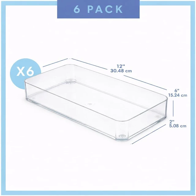 Alt view image 2 of 5 - Plastic Clear Acrylic Drawer Organizers. Bathroom, Kitchen, Bedroom, Utensils, Office Organizer Bins, Storage Trays. Heavy Duty, Stackable. 12" x 6" x 2" Set of 6
