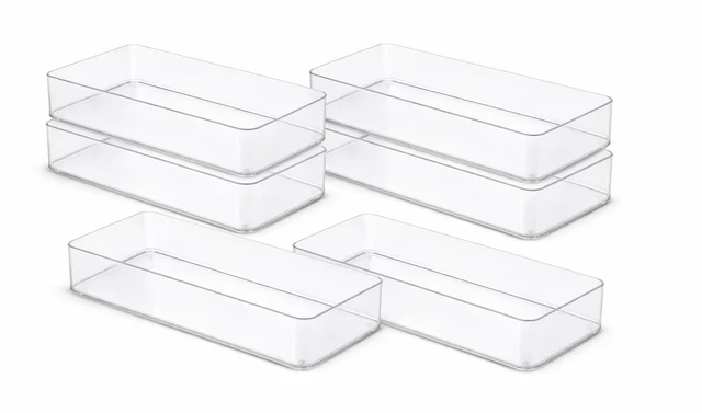 Alt view image 4 of 5 - Plastic Clear Acrylic Drawer Organizers. Bathroom, Kitchen, Bedroom, Utensils, Office Organizer Bins, Storage Trays. Heavy Duty, Stackable. 12" x 6" x 2" Set of 6