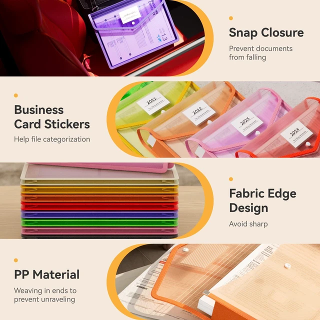Alt view image 4 of 6 - 8 Pack Plastic Expanding File Folder, Folders Documents, Rainbow fit Letter/A4 Size, Large Capacity with Snap Closure, Colorful File Folder Organizer for School, Office, Home, Hospital