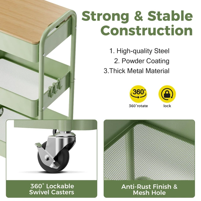Alt view image 2 of 7 - 3 Tier Rolling Cart with Table top, Metal Rolling Utility Cart, Sturdy Storage Organizer Cart with Locking Wheels & Hooks for Office, Classroom, Kitchen and Bathroom