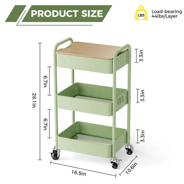 Alt view image 4 of 7 - 3 Tier Rolling Cart with Table top, Metal Rolling Utility Cart, Sturdy Storage Organizer Cart with Locking Wheels & Hooks for Office, Classroom, Kitchen and Bathroom