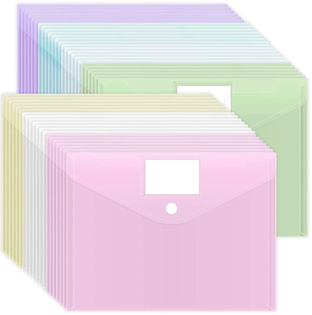 Main image of 45pcs Plastic Envelopes, Plastic File Folders for Documents, A4 Size Hook & Loop Closure Poly Folders with Label Pocket for School and Office Supplies