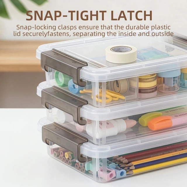 Alt view image 3 of 7 - 3PC Storage Bins with Lids, Stackable Plastic Box, Paper Storage Clear Storage Containers Stack to Save Space, Craft Organizer & Photo Storage Bins keep Board Game, Paper and Photos Sorted