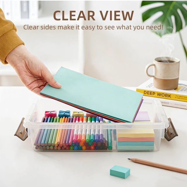 Alt view image 4 of 7 - 3PC Storage Bins with Lids, Stackable Plastic Box, Paper Storage Clear Storage Containers Stack to Save Space, Craft Organizer & Photo Storage Bins keep Board Game, Paper and Photos Sorted