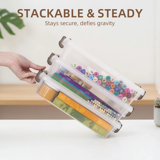 Alt view image 5 of 7 - 3PC Storage Bins with Lids, Stackable Plastic Box, Paper Storage Clear Storage Containers Stack to Save Space, Craft Organizer & Photo Storage Bins keep Board Game, Paper and Photos Sorted