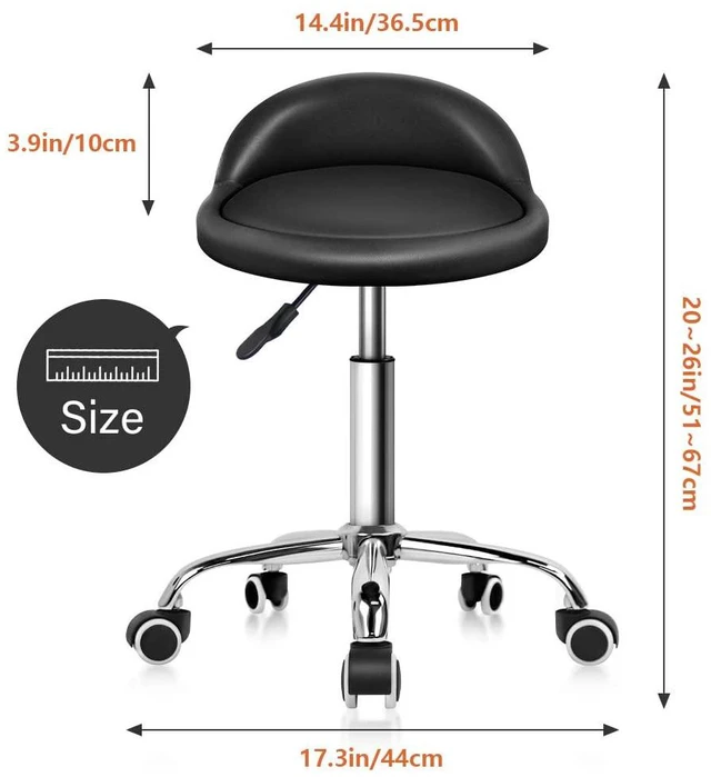 Alt view image 3 of 7 - PU Leather Round Rolling Stool with Back Rest Height Adjustable Swivel Drafting Work SPA Task Chair with Wheels Black