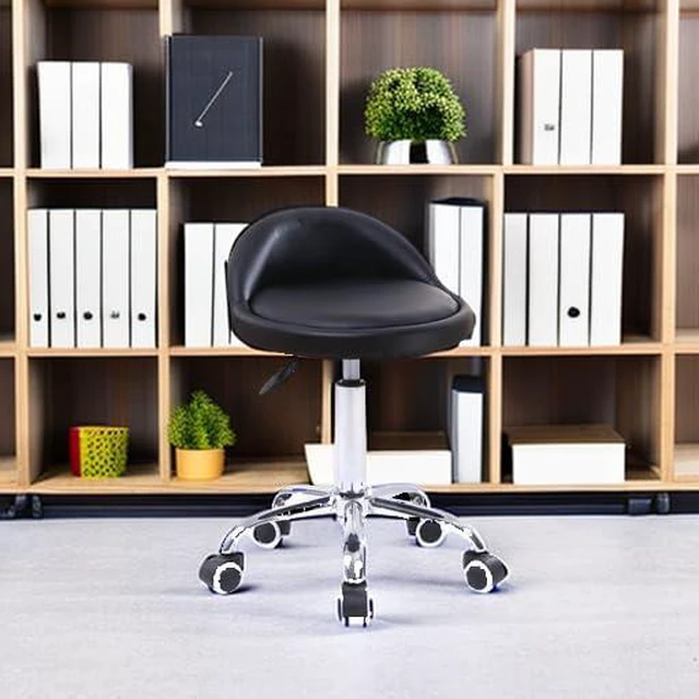 Alt view image 5 of 7 - PU Leather Round Rolling Stool with Back Rest Height Adjustable Swivel Drafting Work SPA Task Chair with Wheels Black