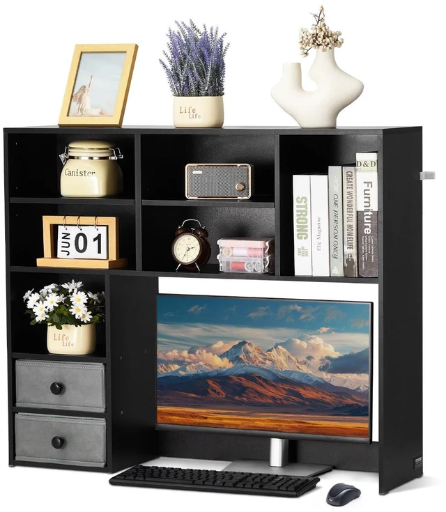 Main image of 3-Tier Desktop Storage Organizer, 37" x 10" x 31.1" Office Storage Rack Wood Display Shelf, Desktop Bookshelf Hutch with 2 Fabric Drawers, for Office, Home & Dorm, Black