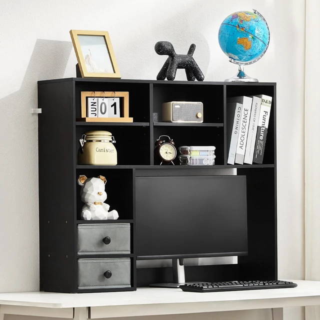Alt view image 2 of 7 - 3-Tier Desktop Storage Organizer, 37" x 10" x 31.1" Office Storage Rack Wood Display Shelf, Desktop Bookshelf Hutch with 2 Fabric Drawers, for Office, Home & Dorm, Black
