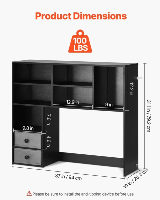 Alt view image 3 of 7 - 3-Tier Desktop Storage Organizer, 37" x 10" x 31.1" Office Storage Rack Wood Display Shelf, Desktop Bookshelf Hutch with 2 Fabric Drawers, for Office, Home & Dorm, Black