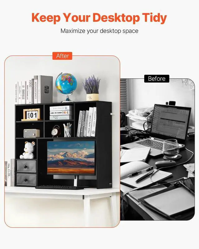 Alt view image 4 of 7 - 3-Tier Desktop Storage Organizer, 37" x 10" x 31.1" Office Storage Rack Wood Display Shelf, Desktop Bookshelf Hutch with 2 Fabric Drawers, for Office, Home & Dorm, Black