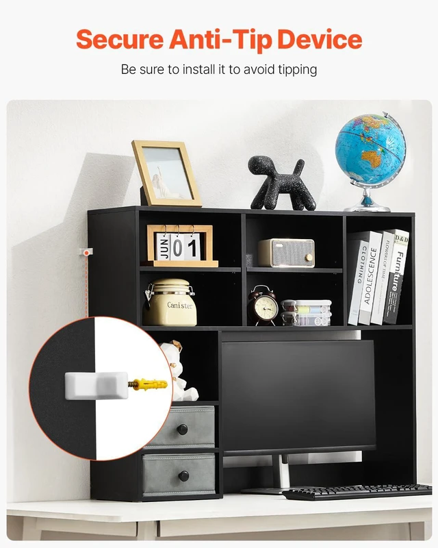 Alt view image 7 of 7 - 3-Tier Desktop Storage Organizer, 37" x 10" x 31.1" Office Storage Rack Wood Display Shelf, Desktop Bookshelf Hutch with 2 Fabric Drawers, for Office, Home & Dorm, Black