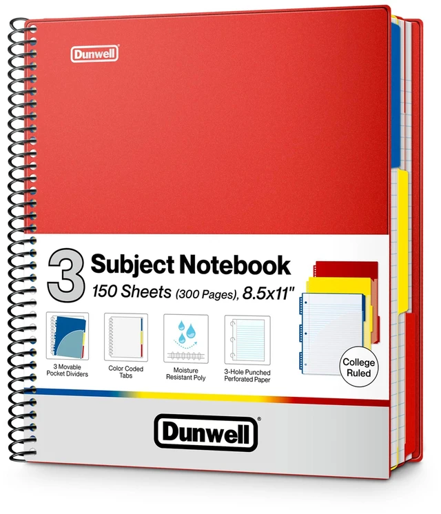 Main image of 3-Subject Spiral Notebook College Ruled 8.5x11 (Red), 150 Sheets (300 Pages), Tabs, Color Movable Divider Pockets, Protective Plastic Covers, 3-Hole Punched Tear-Off Paper