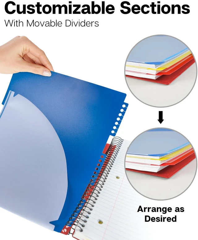 Alt view image 2 of 7 - 3-Subject Spiral Notebook College Ruled 8.5x11 (Red), 150 Sheets (300 Pages), Tabs, Color Movable Divider Pockets, Protective Plastic Covers, 3-Hole Punched Tear-Off Paper