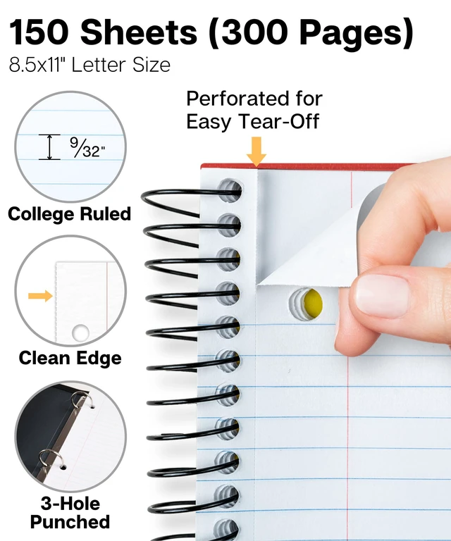 Alt view image 3 of 7 - 3-Subject Spiral Notebook College Ruled 8.5x11 (Red), 150 Sheets (300 Pages), Tabs, Color Movable Divider Pockets, Protective Plastic Covers, 3-Hole Punched Tear-Off Paper