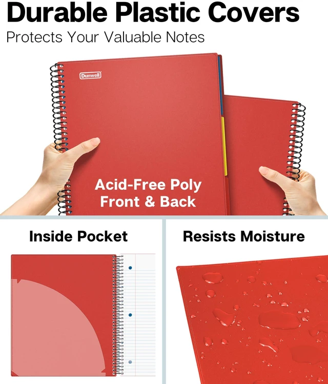 Alt view image 4 of 7 - 3-Subject Spiral Notebook College Ruled 8.5x11 (Red), 150 Sheets (300 Pages), Tabs, Color Movable Divider Pockets, Protective Plastic Covers, 3-Hole Punched Tear-Off Paper
