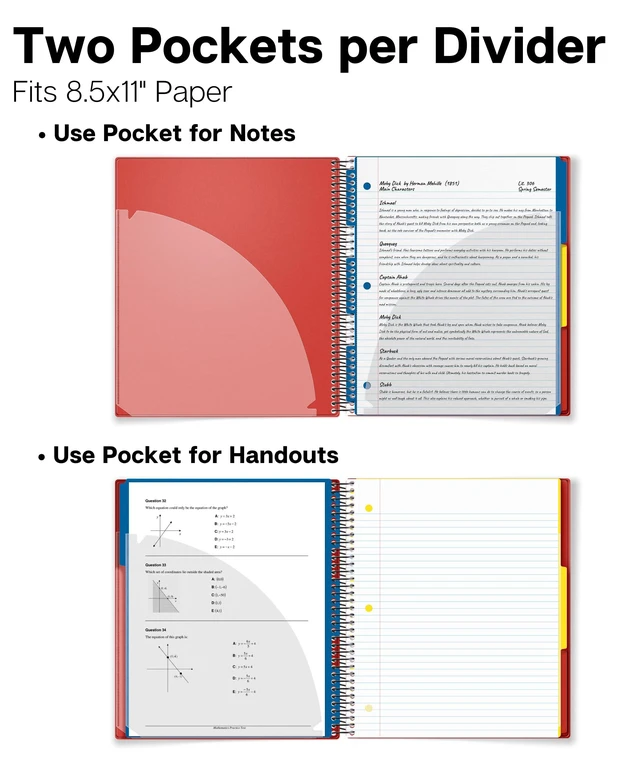 Alt view image 6 of 7 - 3-Subject Spiral Notebook College Ruled 8.5x11 (Red), 150 Sheets (300 Pages), Tabs, Color Movable Divider Pockets, Protective Plastic Covers, 3-Hole Punched Tear-Off Paper