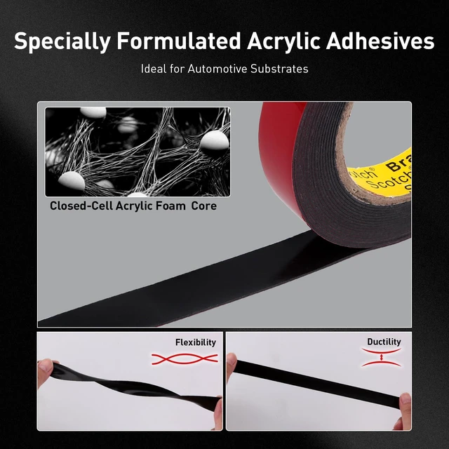 Alt view image 4 of 7 - 3M Automotive Acrylic Plus Tape, 0.79" x 18Ft, PT1100, Dark Gray, 2 Pack Double Sided Tape, Heavy Duty, Waterproof Foam Strips for Car Moldings, Claddings, Panels, Pads, Automotive Applications