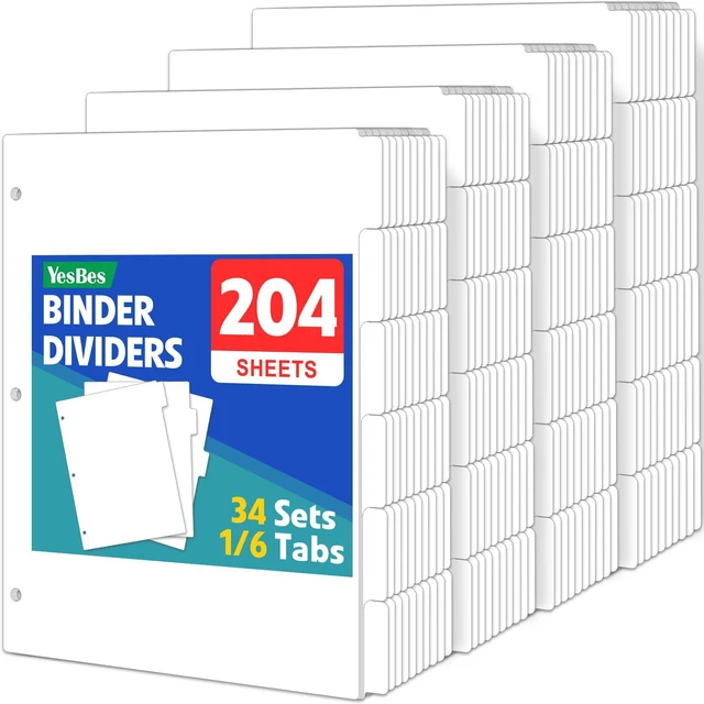 Main image of 204 Pcs Binder Dividers with Tabs, 1/6 Cut Tabs, Dividers for 3 Ring Binder, Blank Write On Binder Dividers in 6 Tab Sets, Letter Size, 204 Dividers, 34 Sets, White
