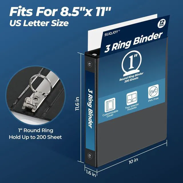 Alt view image 2 of 7 - 1 Inch 3 Ring Binders 24 Pack, Clear View Binder Bulk,Black PVC-Free 3-Ring Binders for School, Office or Home, Fits 8.5 x 11 Inches Paper