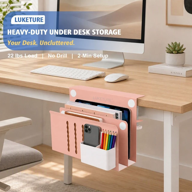 Alt view image 2 of 7 - Desk Side Storage, 2 Tie Laptop Holder No Drill Clamp On Organizer Sturdy Steel Double Tier Strong, Magnetic Pen Holder, No Drill Clamp for Standing Desk Organizer, Fits 0.3-2.8"