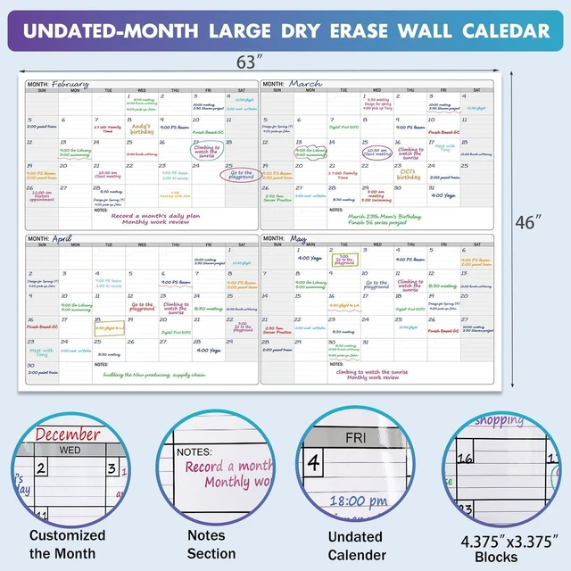 Alt view image 3 of 7 - Extra Large Dry Erase Calendar for Wall, Giant 4 Month Calendars 46 x 63 in Jumbo Huge Size Erasable laminated Four month Whiteboard,Oversized Blank Reusasble 120 Days Poster, Multi Months White Board