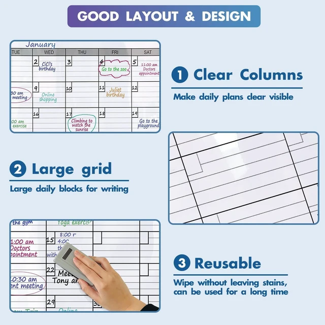 Alt view image 5 of 7 - Large Calendar whiteboard for wall, Dry Erase 3 Month Calendar 46 x 63In Big Quarterly Erasable Three Monthly White Board, Huge 90 Day Multi Months Calendars, Jumbo Laminated Planner For Office