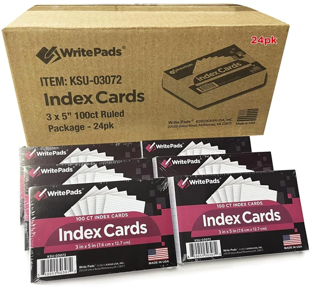 Main image of Lined Index Card 3"x5" Index Cards Flashcards, 2400 Count Ruled on Front, Blank on Back Index Cards, White 24 pack of 100 Shrink, Made in the USA
