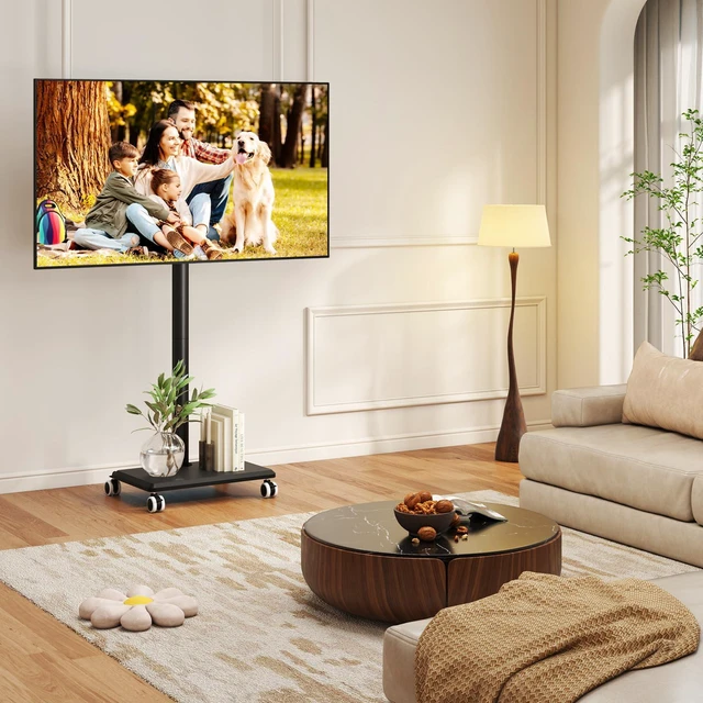 Alt view image 2 of 7 - Rolling TV Stand for 32 to 60 Inch TV up to 88lbs Wood Base Black Height Adjustable Mobile TV Cart with Lockable Wheels, Portable Floor TV Stand for Living Room, Bedroom, VESA 400x400mm