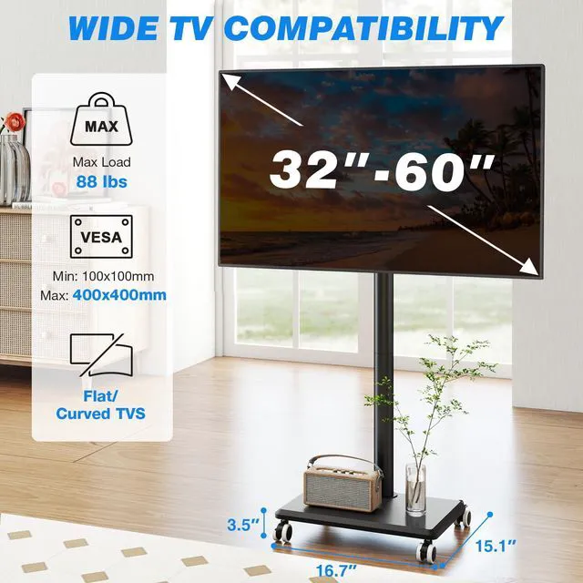 Alt view image 3 of 7 - Rolling TV Stand for 32 to 60 Inch TV up to 88lbs Wood Base Black Height Adjustable Mobile TV Cart with Lockable Wheels, Portable Floor TV Stand for Living Room, Bedroom, VESA 400x400mm