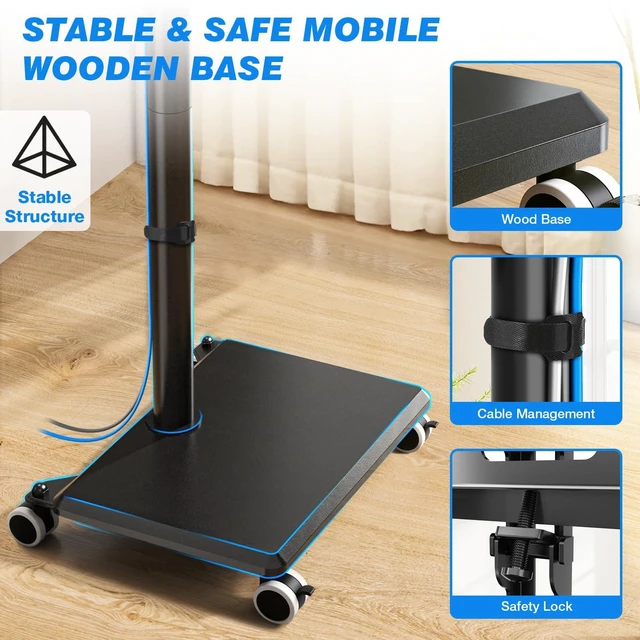 Alt view image 6 of 7 - Rolling TV Stand for 32 to 60 Inch TV up to 88lbs Wood Base Black Height Adjustable Mobile TV Cart with Lockable Wheels, Portable Floor TV Stand for Living Room, Bedroom, VESA 400x400mm