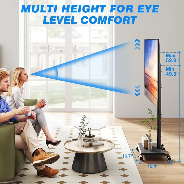 Alt view image 4 of 7 - Rolling TV Stand for 32 to 60 Inch TV up to 88lbs Wood Base Black Height Adjustable Mobile TV Cart with Lockable Wheels, Portable Floor TV Stand for Living Room, Bedroom, VESA 400x400mm