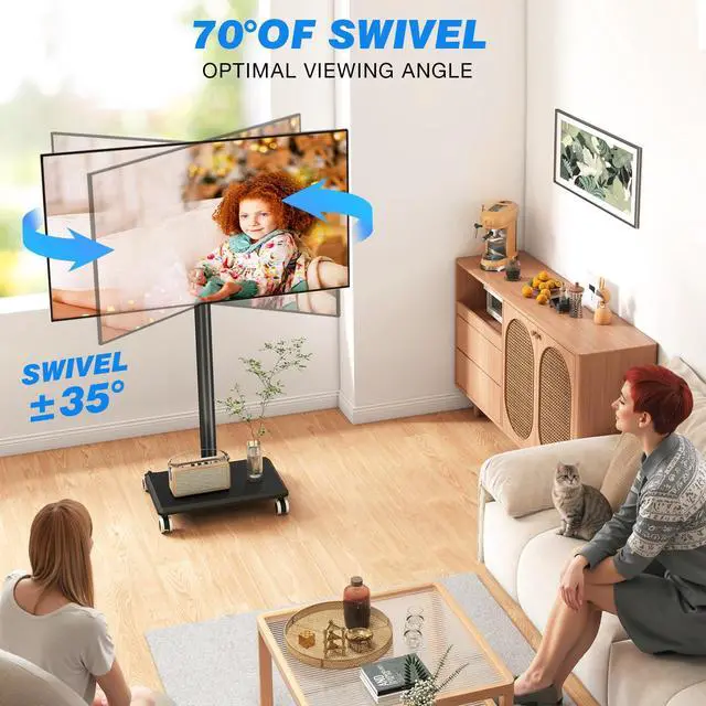 Alt view image 5 of 7 - Rolling TV Stand for 32 to 60 Inch TV up to 88lbs Wood Base Black Height Adjustable Mobile TV Cart with Lockable Wheels, Portable Floor TV Stand for Living Room, Bedroom, VESA 400x400mm