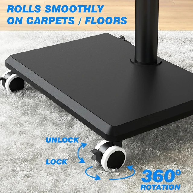 Alt view image 7 of 7 - Rolling TV Stand for 32 to 60 Inch TV up to 88lbs Wood Base Black Height Adjustable Mobile TV Cart with Lockable Wheels, Portable Floor TV Stand for Living Room, Bedroom, VESA 400x400mm
