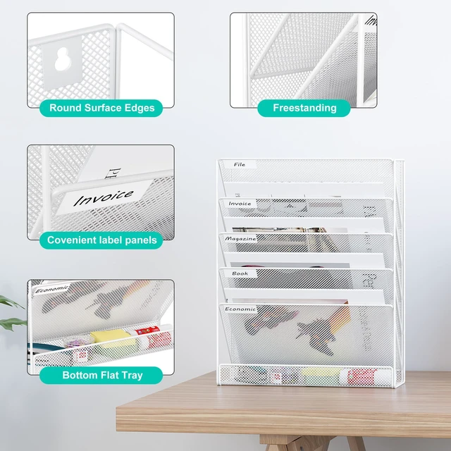 Alt view image 2 of 7 - 5 Tier Wall File Holder, Mesh Hanging Folder Organizer with Classify Label, Versatile Desk File Holder, Vertical Wall Mounted Mail Organizer for Office Home Cubicle, White