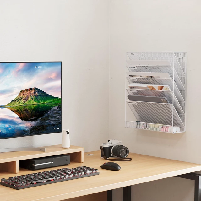 Alt view image 5 of 7 - 5 Tier Wall File Holder, Mesh Hanging Folder Organizer with Classify Label, Versatile Desk File Holder, Vertical Wall Mounted Mail Organizer for Office Home Cubicle, White