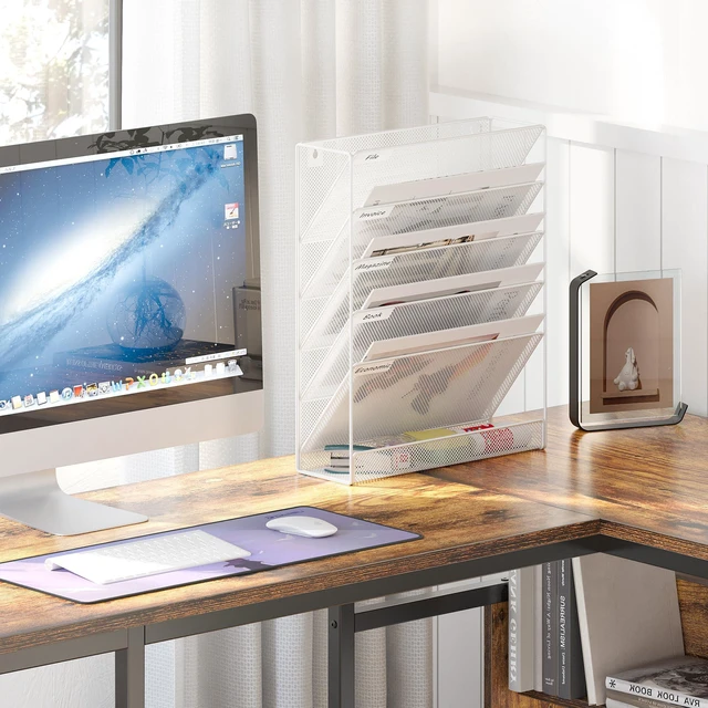 Alt view image 4 of 7 - 5 Tier Wall File Holder, Mesh Hanging Folder Organizer with Classify Label, Versatile Desk File Holder, Vertical Wall Mounted Mail Organizer for Office Home Cubicle, White