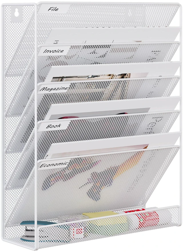 Main image of 5 Tier Wall File Holder, Mesh Hanging Folder Organizer with Classify Label, Versatile Desk File Holder, Vertical Wall Mounted Mail Organizer for Office Home Cubicle, White