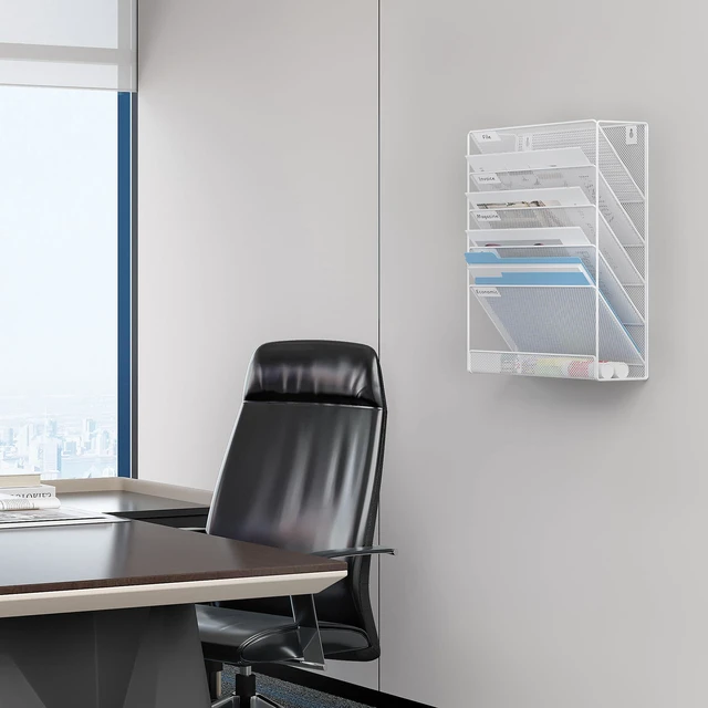 Alt view image 6 of 7 - 5 Tier Wall File Holder, Mesh Hanging Folder Organizer with Classify Label, Versatile Desk File Holder, Vertical Wall Mounted Mail Organizer for Office Home Cubicle, White