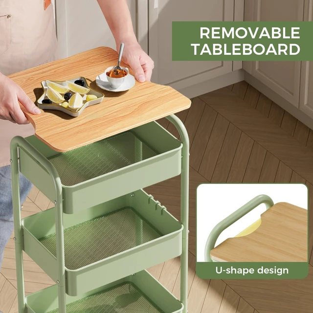Alt view image 3 of 7 - 3 Tier Rolling Cart with Table top, Metal Rolling Utility Cart, Sturdy Storage Organizer Cart with Locking Wheels & Hooks for Office, Classroom, Kitchen and Bathroom