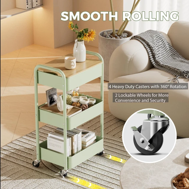 Alt view image 5 of 7 - 3 Tier Rolling Cart with Table top, Metal Rolling Utility Cart, Sturdy Storage Organizer Cart with Locking Wheels & Hooks for Office, Classroom, Kitchen and Bathroom