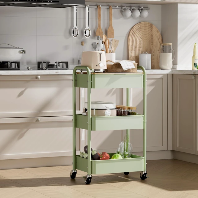 Alt view image 6 of 7 - 3 Tier Rolling Cart with Table top, Metal Rolling Utility Cart, Sturdy Storage Organizer Cart with Locking Wheels & Hooks for Office, Classroom, Kitchen and Bathroom