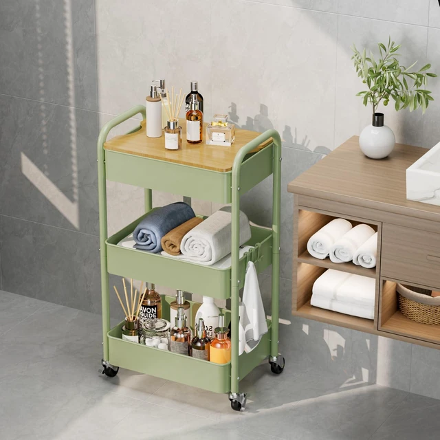 Alt view image 7 of 7 - 3 Tier Rolling Cart with Table top, Metal Rolling Utility Cart, Sturdy Storage Organizer Cart with Locking Wheels & Hooks for Office, Classroom, Kitchen and Bathroom