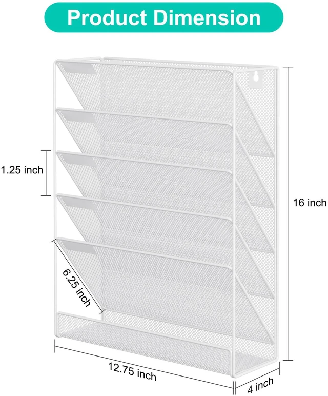 Alt view image 7 of 7 - 5 Tier Wall File Holder, Mesh Hanging Folder Organizer with Classify Label, Versatile Desk File Holder, Vertical Wall Mounted Mail Organizer for Office Home Cubicle, White