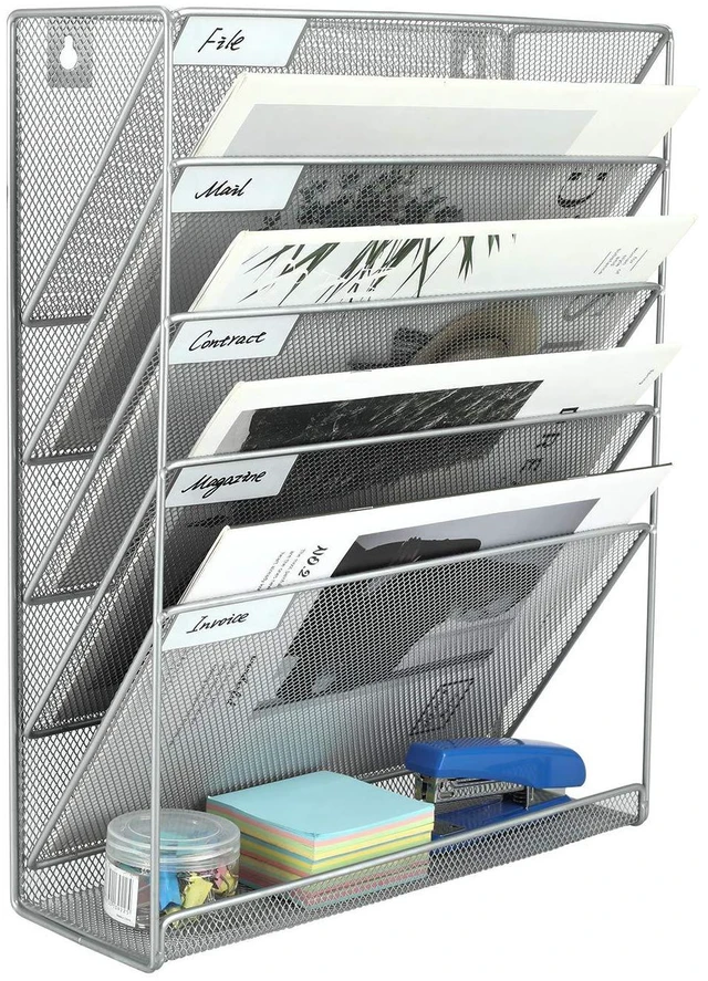 Main image of 5 Tier Wall File Holder, Mesh Hanging Folder Organizer with Classify Label, Versatile Desk File Holder, Vertical Wall Mounted Mail Organizer for Office Home Cubicle, Silver